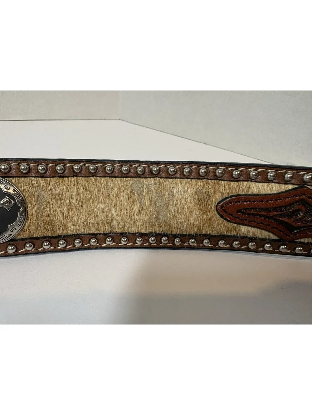 3D Belt Co Mens Western Sz 38 Handcrafted Leather Hide Studs Cross Conchos